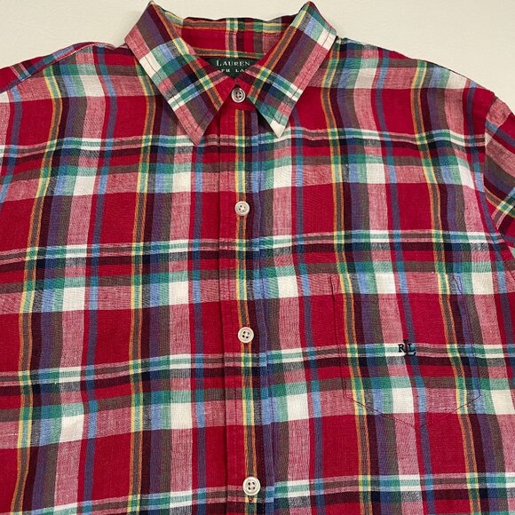 Lauren Ralph Lauren Shirt Women Sz Large 100% Linen Red Plaid Button Up Roll Tab - Picture 10 of 16